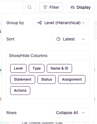 Thumbnail: requirements table display controls
