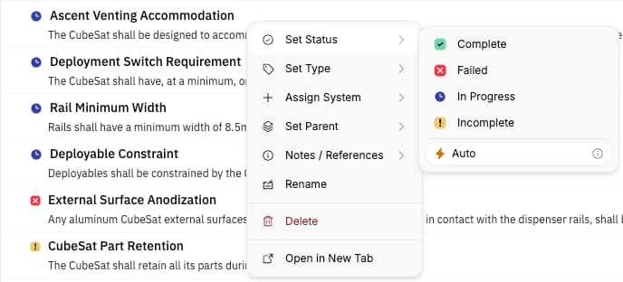 Set various requirement properties on right-click:
