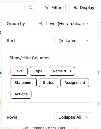 Image: **Display** menu showing Group by, Sort, and Show/Hide Columns in the Requirements Table